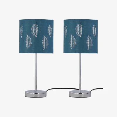 The Range Set Of 2 Chrome Touch Operated Table Lamps With Teal Fern Shades - Chrome & Teal