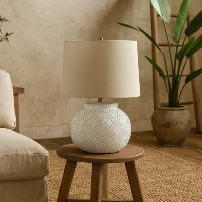 The Range Lautrec Geometric Dot Ceramic Table Lamp with Linen Shade - White