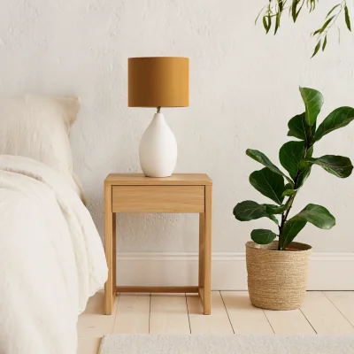 The Range Long Island Large Round Table Lamp with Ochre Linen Shade - White