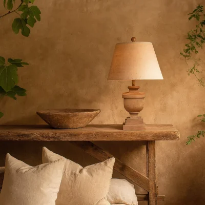 The Range Bormes Pedestal Table Lamp Resin Wood Effect Base with Linen Shade - Brown