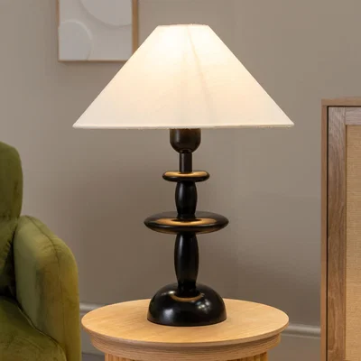 The Range Justin Dark Wood Stacked Table Lamp with Tapered Linen Shade and LED Bulb - Black