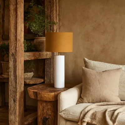 The Range Verona Ochre Ribbed Ceramic Table Lamp with Ochre Linen Shade - White