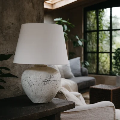 The Range Venice Large Aged Stone Ceramic Table Lamp with Vintage Fabric Shade - Vintage white fabric