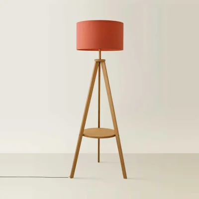 The Range Morrigan Mid Wood Shelf Floor Lamp with Drum Shade - Red - Mid Wood