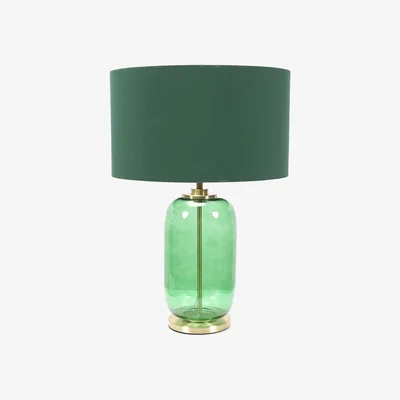 The Range Leigh Fabric Drum Shade with Forest Green Glass and Gold Trim Table Lamp - Green