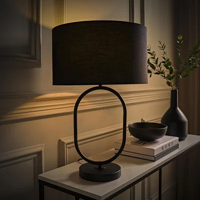 The Range Antonia Matte Black Oval Table Lamp Fabric Drum Shade and LED Bulb - Black