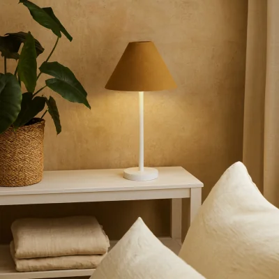 The Range Long Island Bamboo Table Lamp Base Ochre Linen Shade - White
