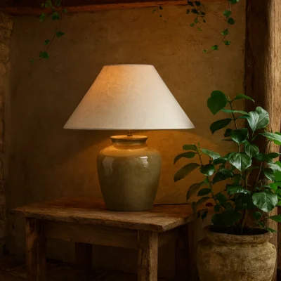 The Range Rocamadour Ceramic Table Lamp with Tapered Linen Shade - Green
