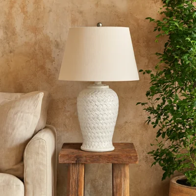 The Range Bloomvale Woven Ceramic Table Lamp with Linen Shade - White