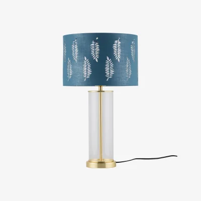 The Range Aura Satin Brass Table Lamp With Teal Fern Cut Out Silver Shade - Satin Brass & Teal