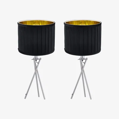 The Range Set Of 2 Sundance Chrome Tripod Table Lamps With Black Pleat Shades - Chrome & Black