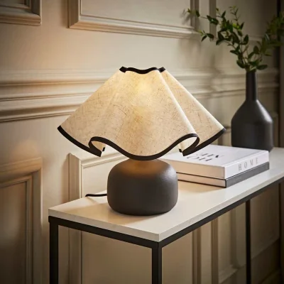 The Range Emilia Ceramic Table Lamp with Linen Wave Shade - Black / No