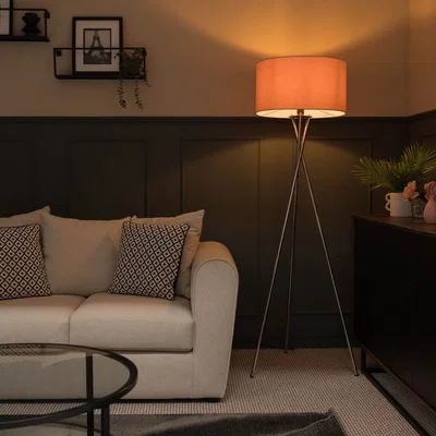 The Range Camden Chrome Tripod Floor Lamp with Drum Shade and Bulb - Blush