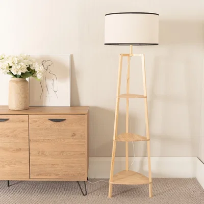 The Range Hiru 3 Tier Wood Shelf Floor Lamp with Trim Drum Shade - Black / Without Bulb