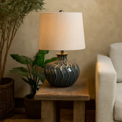 The Range Conques Ribbed Ceramic Table Lamp with Linen Shade - Black