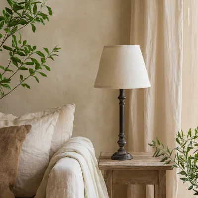 The Range Villeneuve Turned Wooden Pillar Table Lamp with Linen Shade - Grey