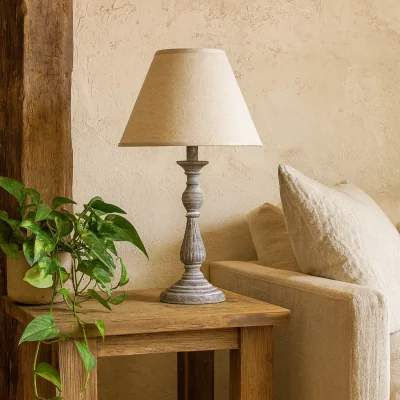 The Range Blesle Whitewashed Turned Wood Pedestal Table Lamp with Linen Shade - Grey