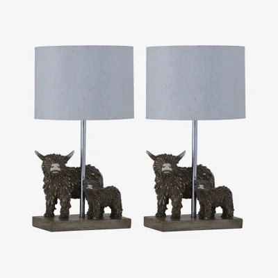 The Range Set Of 2 Angus & Hamish Highland Cows Table Lamps With Linen Shade - Brown & Cream