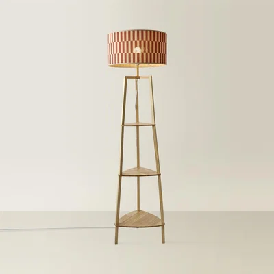 The Range Hiru Shelf Tripod Floor Lamp with Checkerboard Bamboo Shade - Natural