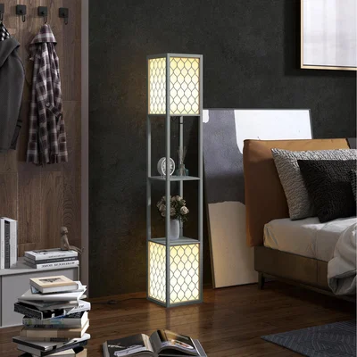 The Range HOMCOM Modern 2 Lights Floor Lamp with Shelves - Light Grey