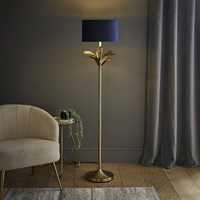 The Range Christina Palm Leaf Floor Lamp with Velvet and Metallic Shade and LED Bulb - Navy