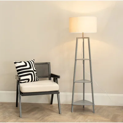 The Range Hiru 3 Tier Shelf Floor Lamp with Trim Drum Shade - White / Bulb Included