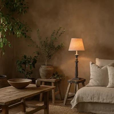 The Range Mossfern Washed Wooden Column Table Lamp with Neutral Linen Shade - Brown