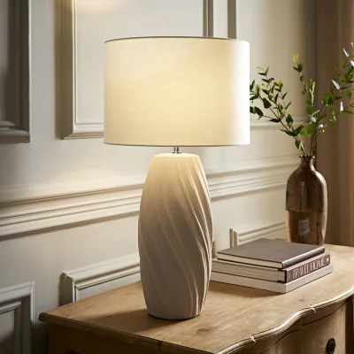 The Range Lydia Tall Swirl Matte Ceramic Table Lamp with Drum Shade - Natural
