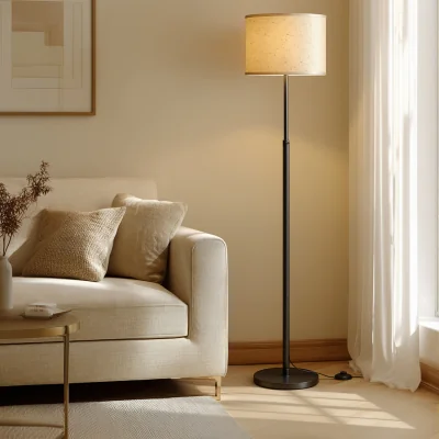 The Range Adjustable Height Fabric Floor Lamp with Foot Switch E27 Socket - Ink Black