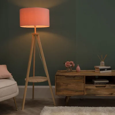 The Range Morrigan Wood Tripod Floor Lamp with Drum Shade and Bulb - Blush
