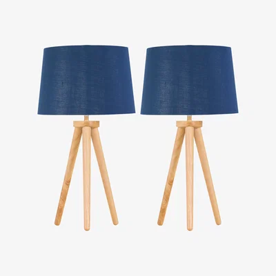 The Range Set Of 2 Light Oak Table Lamp Or Bedside Lights With Navy Silver Shade - Light Wood & Blue