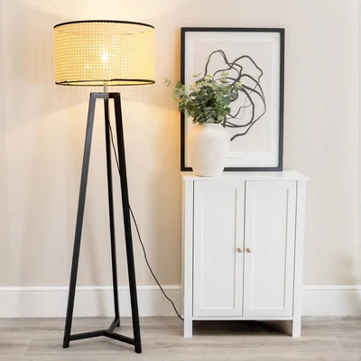 The Range Lottie Tripod Floor Lamp with Cane Rattan Shade and LED Bulb - Black