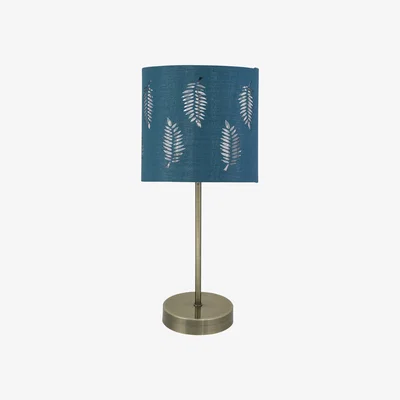 The Range Antique Brass Stick Table Lamp With Teal Fern Cut Out Shade - Antique Brass & Teal