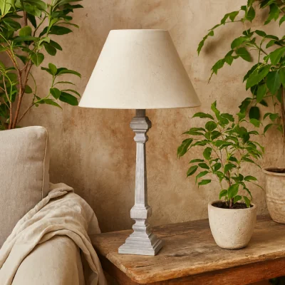 The Range Stonebloom Wash Slim Table Lamp with Natural Linen Shade - White