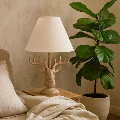 The Range Whisperfern Stonewashed Stag Head Table Lamp with Natural Linen Shade - Brown