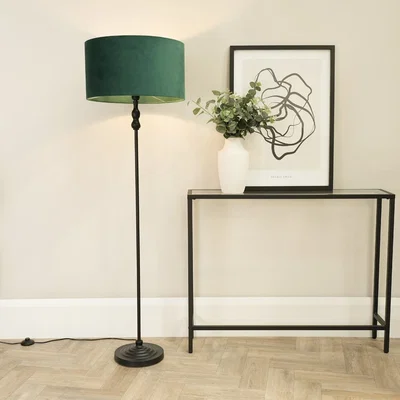 The Range Maggie Floor Lamp with Velvet Drum Shade - Forest Green / E27GU10 / Without Bulb