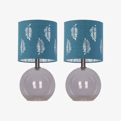 The Range Set Of 2 Buck Clear Glass Table Lamps With Teal Fern Shade - Clear & Teal