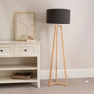 The Range Lottie Natural Wood Floor Lamp with Boucle Shade - Charcoal