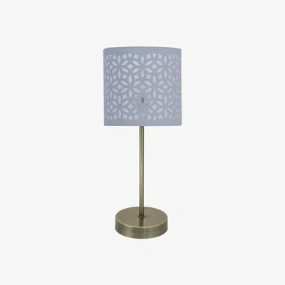 The Range Antique Brass Stick Table Lamp With Grey Laser Cut Shade - Grey Laser Cut Cotton
