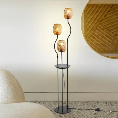 The Range 3-Light E27 Floor Lamp with Braid Lampshade and Tray - Black
