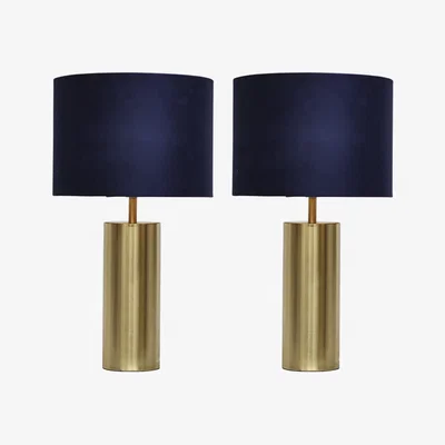 The Range Set Of 2 Amber Table Lamp With Shades - Satin Brushed Gold Plate And Navy Velvet