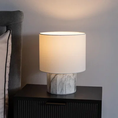The Range Melanie Marble Effect Table Lamp with Natural Linen Shade and LED Bulb - Brown