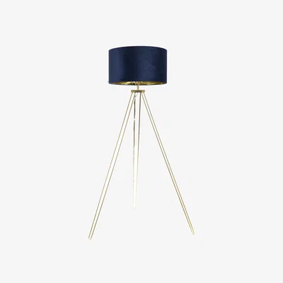 The Range Aero Hairpin Gold Tripod Floor Lamp with Velvet and Gold Drum Lamp Shade - Navy