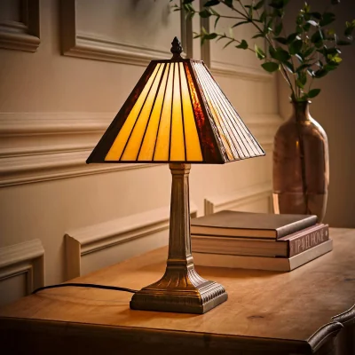 The Range Tiffany Stained Glass Antique Brass Table Lamp - Antique Brass / 20cm