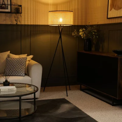 The Range Camden Tripod Floor Lamp with Natural Cane Drum Shade and Bulb - Black