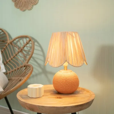 The Range Pair of Sebby Table Lamps with Natural Raffia Shade and Bulbs - Peach