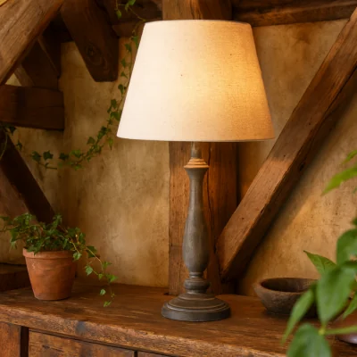 The Range Naples Farmhouse Rustic Wooden Table Lamp with Linen Shade - Beige