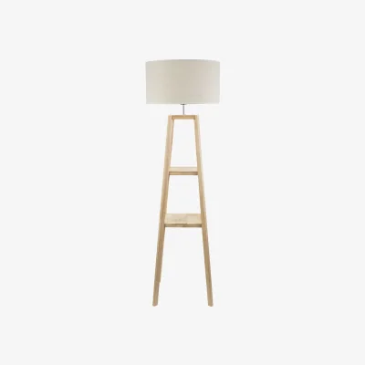 The Range Wakefield Double Shelf Wooden Floor Lamp with White Trim Drum Lamp Shade - Natural
