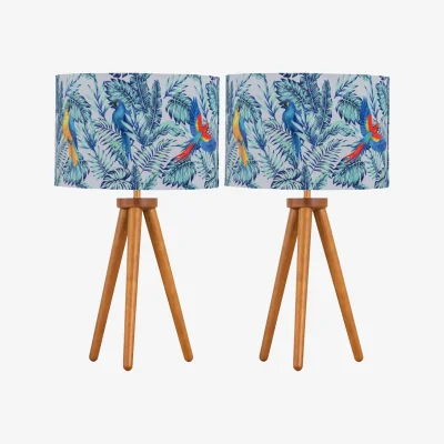 The Range First Choice Lighting Set Of 2 Voyage Table Lamp With Shades A - Dark Oak Wood And Parrot Velvet Digital Print