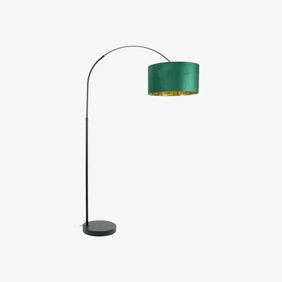 The Range Louis Black Arched Floor Lamp with Velvet Drum Metallic Gold Inner Shade - Green